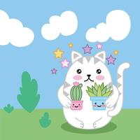 gatinho kawaii fofo com plantas vetor