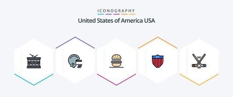 EUA 25 linha preenchida ícone pacote Incluindo gelo esporte. EUA. hambúrguer. segurança. americano vetor
