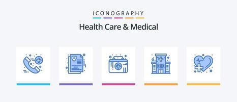 saúde Cuidado e médico azul 5 ícone pacote Incluindo saúde Cuidado. Cuidado. assistência médica. prédio. hospital. criativo ícones Projeto vetor