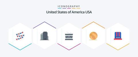 EUA 25 plano ícone pacote Incluindo americano. chapéu. irlandês. EUA. bola vetor