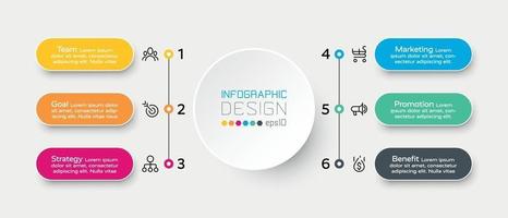 O fluxo de trabalho de 6 etapas descreve os processos e funções de negócios e trabalho. infográfico de vetor. vetor