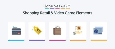 compras varejo e vídeo jogos elementos plano 5 ícone pacote Incluindo passar. compras. saco . oferta. desconto. criativo ícones Projeto vetor