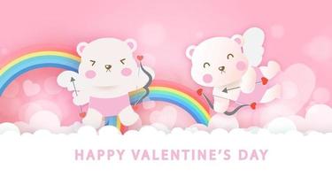 cartão de dia dos namorados com ursos fofos Cupido e arco-íris. vetor