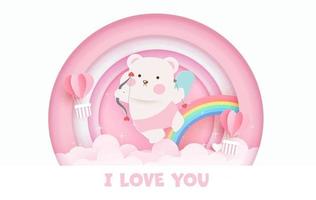 cartão de dia dos namorados com urso bonito Cupido e arco-íris. vetor