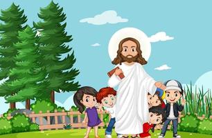 Jesus com crianças no parque vetor