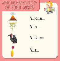escreva a letra que falta em cada planilha de palavras para crianças vetor