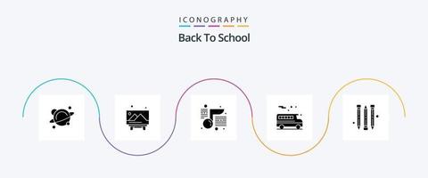 costas para escola glifo 5 ícone pacote Incluindo . lápis. música. transporte. ônibus vetor