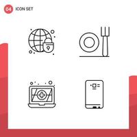 grupo do 4 moderno linha preenchida plano cores conjunto para global segurança inteligente telefone globo restaurante costas editável vetor Projeto elementos