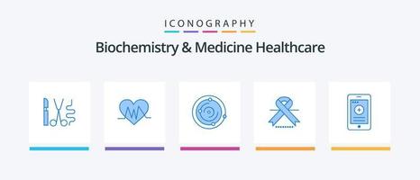 bioquímica e remédio cuidados de saúde azul 5 ícone pacote Incluindo célula. médico. espaço. fita. Câncer. criativo ícones Projeto vetor
