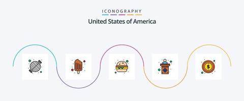 EUA linha preenchidas plano 5 ícone pacote Incluindo dinheiro. placa. gelo creme. estágio. EUA vetor