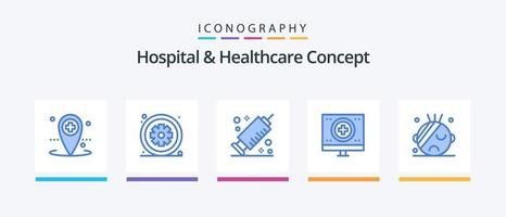 hospital e cuidados de saúde conceito azul 5 ícone pacote Incluindo assistência médica. médico. médico. coração. caridade. criativo ícones Projeto vetor