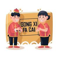 duas crianças felizes dizendo e celebrando ilustração de gong xi fa cai vetor