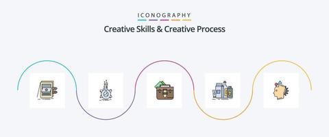 criativo Habilidades e criativo processo linha preenchidas plano 5 ícone pacote Incluindo marketing. embalagem. tubo. pasta. Arquivo vetor