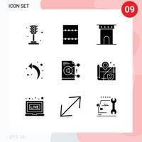 Móvel interface sólido glifo conjunto do 9 pictogramas do trabalhos compartilhar coluna Arquivo costas editável vetor Projeto elementos