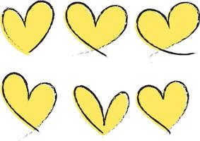 conjunto de diferentes tipos de coração amarelo desenhado à mão isolado vetor