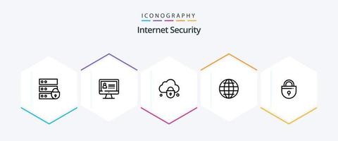 Internet segurança 25 linha ícone pacote Incluindo bloqueado. Internet. nuvem. segurança. globo vetor