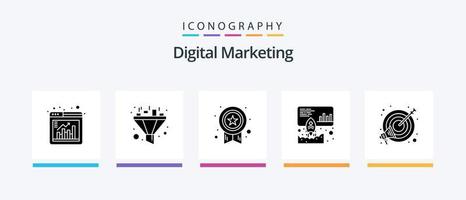 digital marketing glifo 5 ícone pacote Incluindo foco. meta. medalha. promover. lançar. criativo ícones Projeto vetor