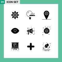 Móvel interface sólido glifo conjunto do 9 pictogramas do alto falante anunciar engrenagem visão face editável vetor Projeto elementos