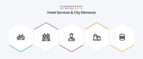 hotel Serviços e cidade elementos 25 linha ícone pacote Incluindo hambúrguer. compras. Mensageiro de hotel. Bolsa. serviço vetor