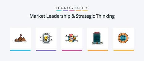 mercado Liderança e estratégico pensando linha preenchidas 5 ícone pacote Incluindo percentagem. gráfico. alvo. torta. seta. criativo ícones Projeto vetor