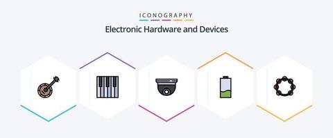 dispositivos 25 linha preenchida ícone pacote Incluindo eletricidade. bateria. piano. vigilância. cobertura vetor