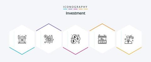 investimento 25 linha ícone pacote Incluindo dinheiro. cara. moedas. negócios. fazer compras vetor