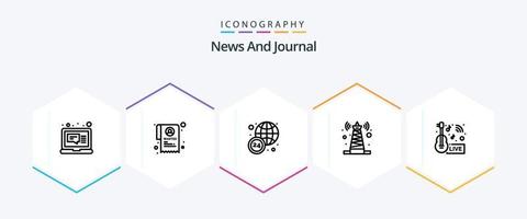 notícia 25 linha ícone pacote Incluindo notícias. transmissão. notícia horas. entretenimento. satélite vetor