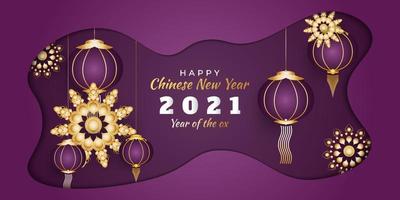 Banner de feliz ano novo chinês de 2021 com mandala dourada e lanterna em fundo roxo em estilo corte de papel vetor