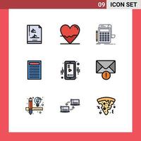 Móvel interface linha preenchida plano cor conjunto do 9 pictogramas do Móvel vermelho contabilidade Educação calculadora editável vetor Projeto elementos