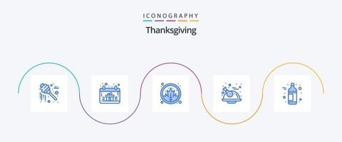 Ação de graças azul 5 ícone pacote Incluindo garrafa. frango. folha. peru. feriado vetor