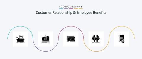 cliente relação e empregado benefícios glifo 5 ícone pacote Incluindo observação. identidade. dinheiro. dual. homem vetor