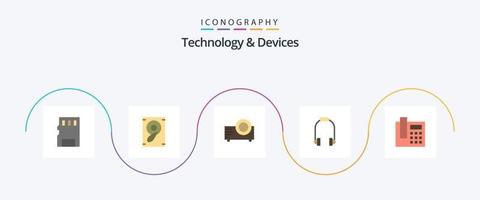 dispositivos plano 5 ícone pacote Incluindo chamar. telefone. filme. música. fone de ouvido vetor