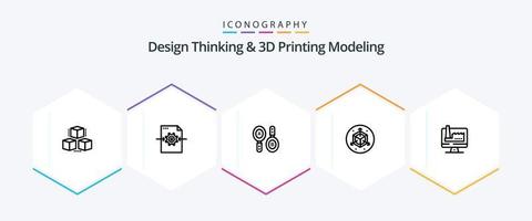 Projeto pensando e d impressão modelagem 25 linha ícone pacote Incluindo monitore. computador. pesquisar. projetado. escala vetor