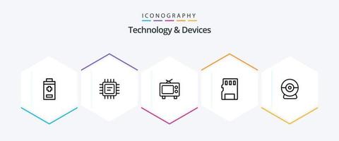 dispositivos 25 linha ícone pacote Incluindo . segurança. meios de comunicação. Webcam. SD vetor