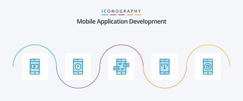 Móvel inscrição desenvolvimento azul 5 ícone pacote Incluindo Móvel aplicativo. download. enviado. dados. Móvel vetor