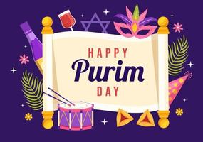 feliz ilustração de purim com máscaras de carnaval, feriado judaico e parque de diversões em cartoon plano desenhado à mão para banner da web ou modelos de página de destino vetor