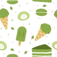 conjunto do diferente saboroso matcha Comida ilustração. vários matcha chá produtos. mochi, macarons, chá Panela, torta, chá folhas, sorvete, bolha chá. vetor