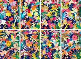 selva de safári colorida com folhas tropicais, animais, pássaros e flores exóticas. ilustração vetorial. vetor