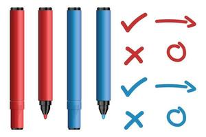 conjunto de canetas hidrocor vermelhas e azuis com marca e cruz