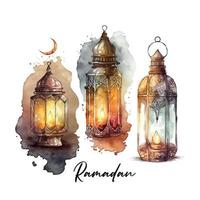 Ramadã lanterna kareem. mesquita noite. árabe lanternas. brilhante aguarela manchas fundo. vetor ilustração.