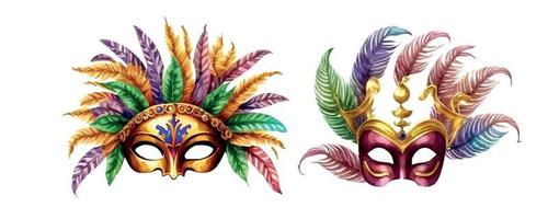 composição para mardi gras. grupo do tradicional objetos. mascarar, miçangas e penas. mão desenhado aguarela ilustração em branco fundo vetor