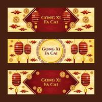 coleção de banner gong xi fa cai com composição de lanterna e enfeite de flor vetor