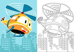 vetor desenho animado do helicóptero em edifícios fundo, coloração livro ou página