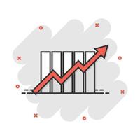 crescente ícone gráfico de barras em estilo cômico. aumentar o pictograma de ilustração dos desenhos animados do vetor de seta. efeito de respingo de conceito de negócio de progresso infográfico.