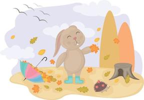 fofa Coelho. outono ilustração com desenho animado Coelho e ouriço. a lebre coleta outono folhas dentro a guarda-chuva. vetor ilustração