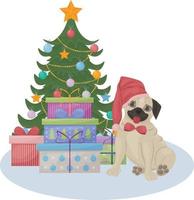fofa Natal ilustração representando uma Natal árvore com presentes e uma fofa pug sentado Próximo para caixas com Natal presentes. crianças s Novo ano s ilustração. feriado cartão, vetor ilustração