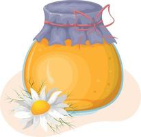 uma jarra do mel. uma vidro jarra com doce mel. abelha querida dentro uma jarra e uma camomila flor. vetor ilustração isolado em uma branco fundo