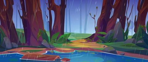 natureza chuvoso cena com lago, verde árvores, Relva vetor