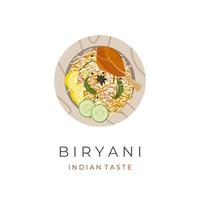 vetor ilustração logotipo do Biryani arroz com frango pernas e servido em uma de madeira prato