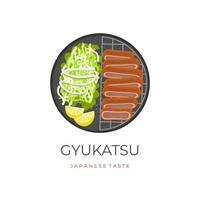 vetor ilustração logotipo do gyu katsu ou carne katsu em uma grade Panela servido com fresco repolho e limão